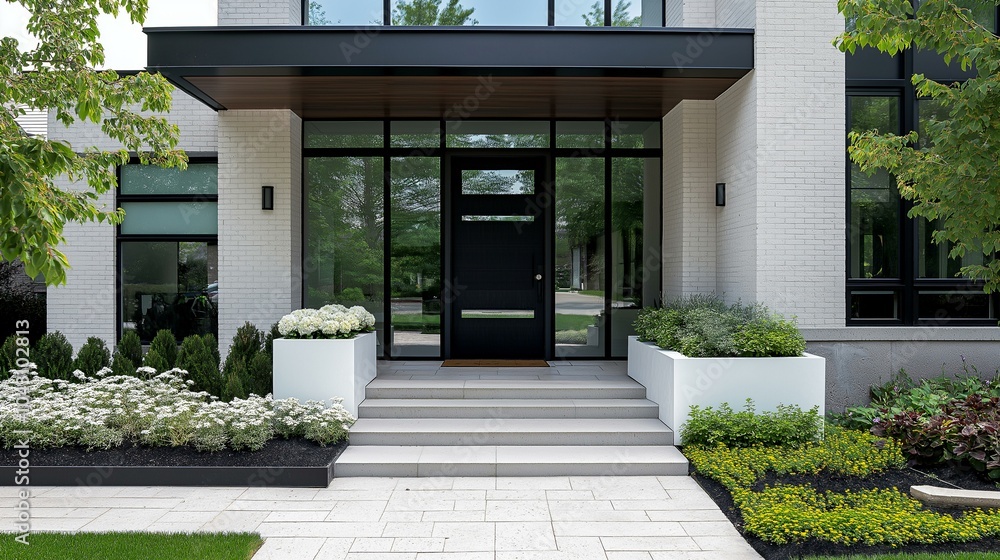 Modern Front Entrance Featuring a Black Framed Door with Glass Panels and Elegant Landscaping Modern Front Entrance Featuring a Black Framed Door with Glass Panels and Elegant Landscaping