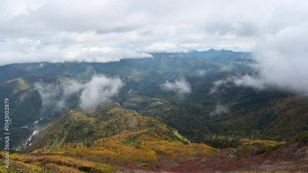 秋の大雪山層雲峡、黒岳登山道9号目付近から見た雲海が立ち込めるロープウェイ黒岳駅方向の眺望 秋の大雪山層雲峡、黒岳登山道9号目付近から見た雲海が立ち込めるロープウェイ黒岳駅方向の眺望