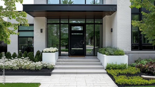 Modern Front Entrance Featuring a Black Framed Door with Glass Panels and Elegant Landscaping