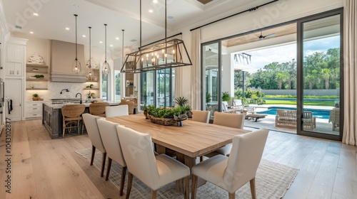 Modern Dining Room with Sliding Glass Doors Leading to a Pool