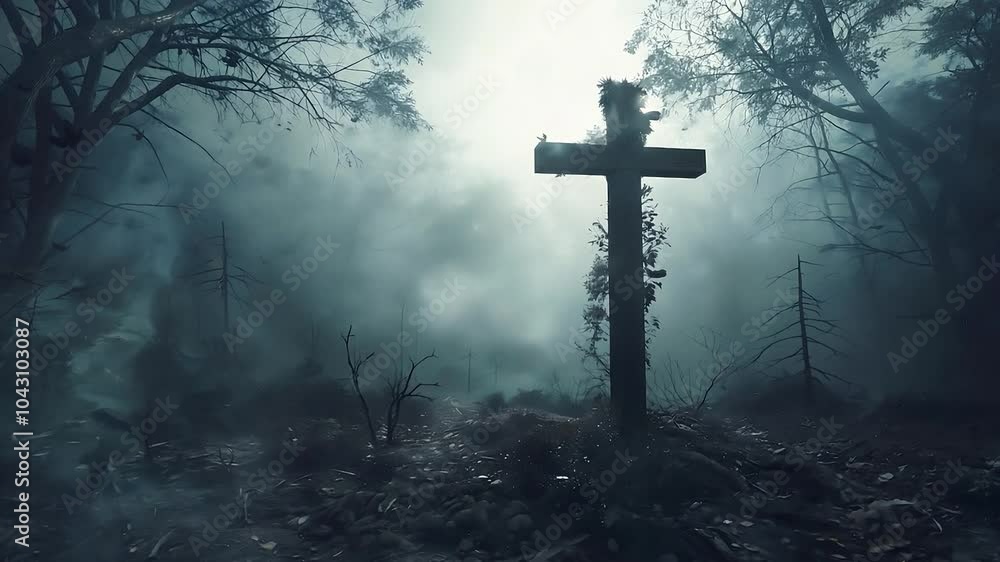 A creepy forest and black ravens circling around wooden cross A creepy forest and black ravens circling around wooden cross