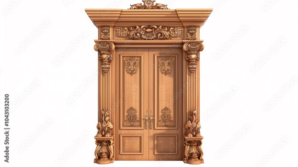 Obraz premium Ornate wooden doors with intricate carvings and classical design elements