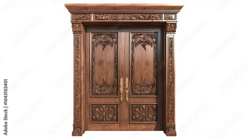 Fototapeta premium Ornate wooden doors with intricate carvings and classical design elements