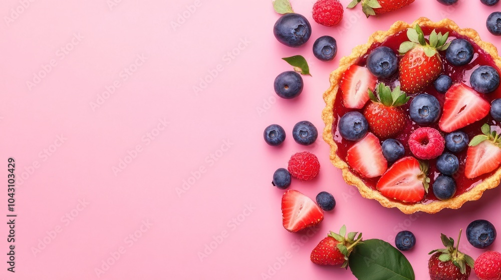 A vibrant fruit tart topped with strawberries, blueberries, and raspberries on a pink background. A vibrant fruit tart topped with strawberries, blueberries, and raspberries on a pink background.