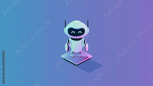 Cute digital robot in a futuristic design, standing on a glowing platform with a vibrant purple gradient background.