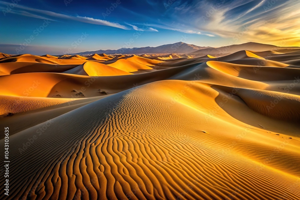 Naklejka premium Golden light casting shadows over desert dunes