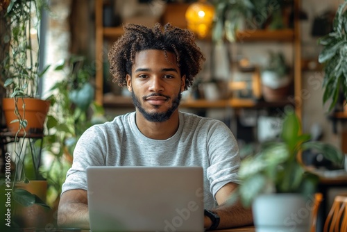  A Generation Z worker who performs work tasks on a laptop. Generative AI photo