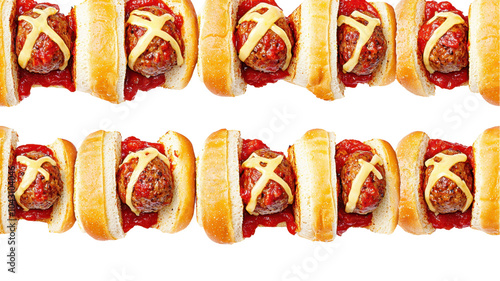 A row of meatball sandwiches topped with sauce and cheese, arranged appetizingly against a white background. transparent background photo