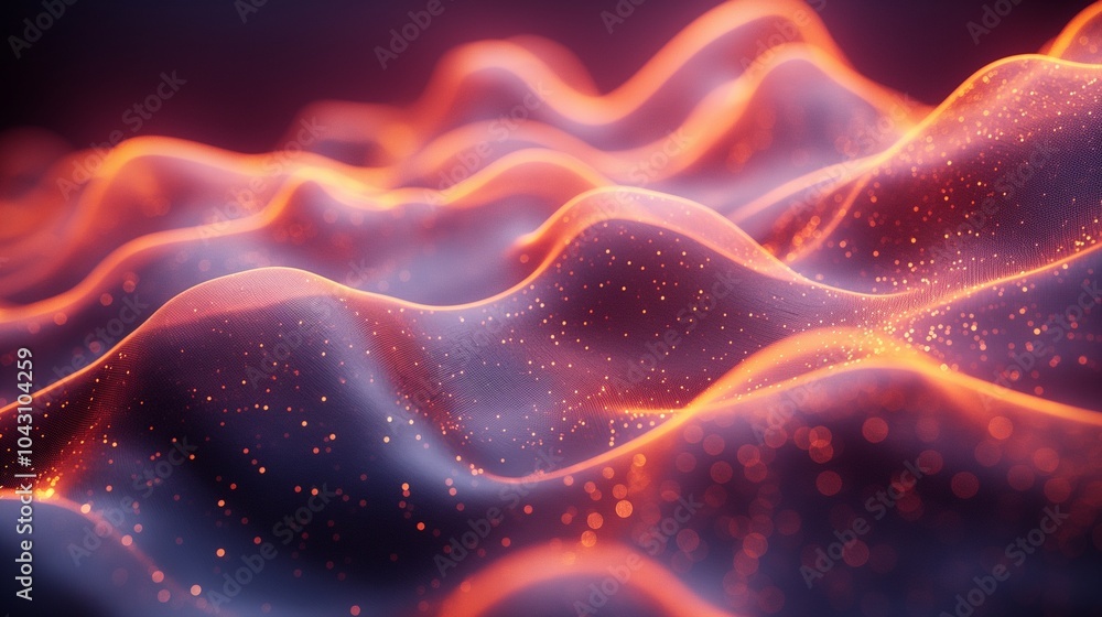 Abstract sound visualizations display vibrant waveform patterns undulating in a rhythmic flow under low lighting conditions with an energetic, glowing ambiance Abstract sound visualizations display vibrant waveform patterns undulating in a rhythmic flow under low lighting conditions with an energetic, glowing ambiance