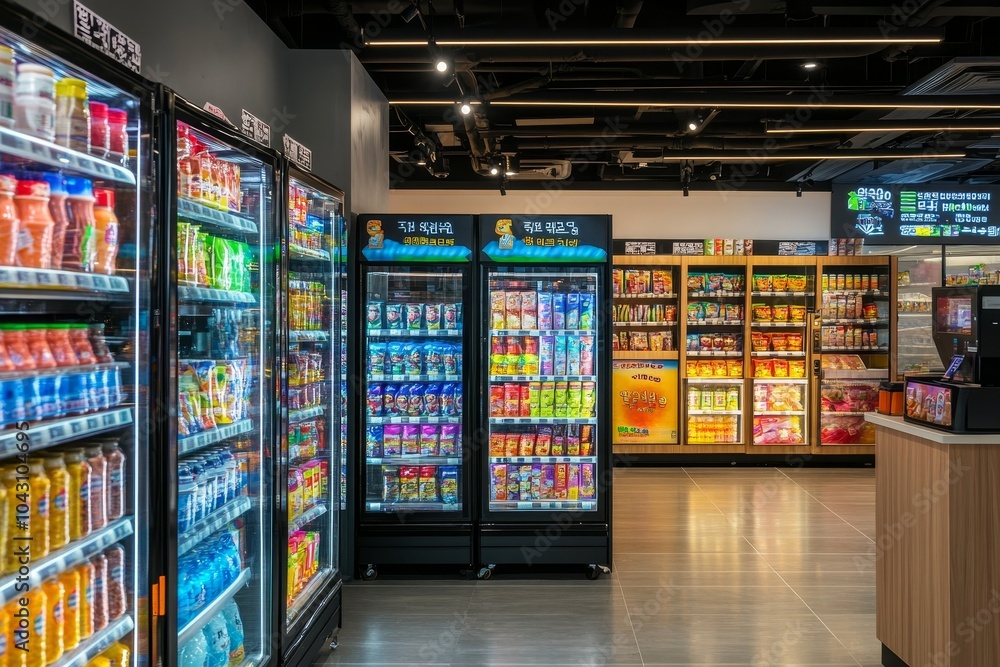 A convenience store with various snacks and drinks in refrigerated display cases. A convenience store with various snacks and drinks in refrigerated display cases.