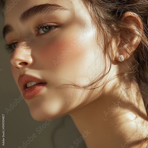Woman with soft natural makeup wearing diamond stud earrings.