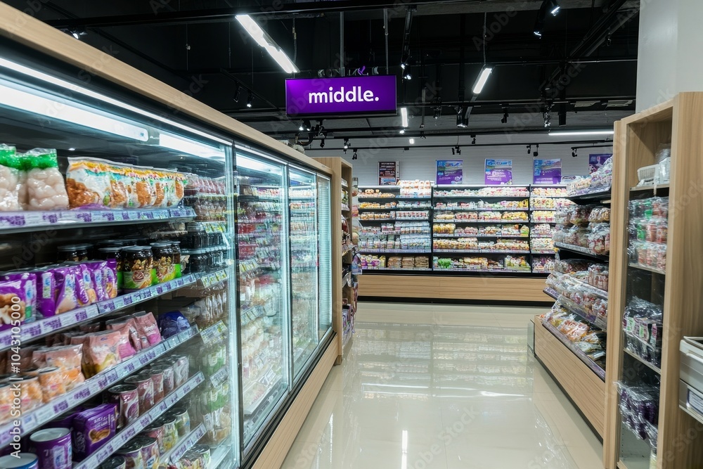 Fototapeta premium A view of a grocery store with shelves stocked with various products.