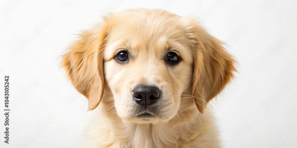 Golden retriever puppy featuring extreme close-up shot on white background Golden retriever puppy featuring extreme close-up shot on white background