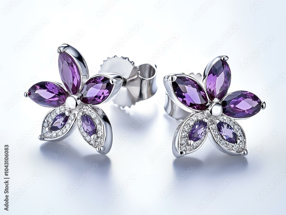 Silver and purple gemstone floral stud earrings. Silver and purple gemstone floral stud earrings.