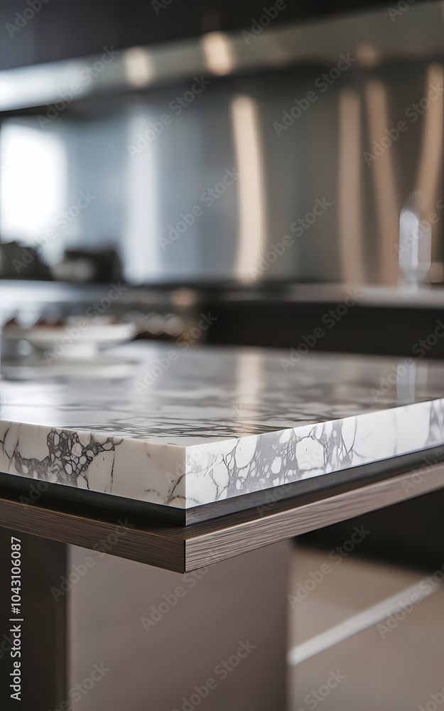 Modern kitchen with a elegant marble countertop and sleek metal appliances, showcasing contemporary design and style. Modern kitchen with a elegant marble countertop and sleek metal appliances, showcasing contemporary design and style.