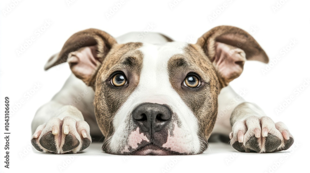 A close-up of a dog resting on the ground, looking curiously at the viewer. A close-up of a dog resting on the ground, looking curiously at the viewer.
