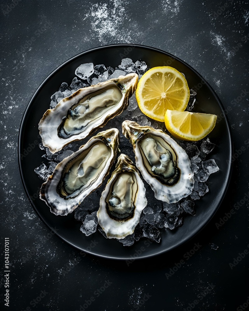 Plate of fresh oysters on ice with lemon slices. Plate of fresh oysters on ice with lemon slices.