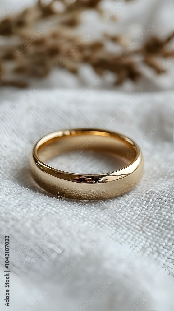 Gold wedding band on textured fabric background. Gold wedding band on textured fabric background.