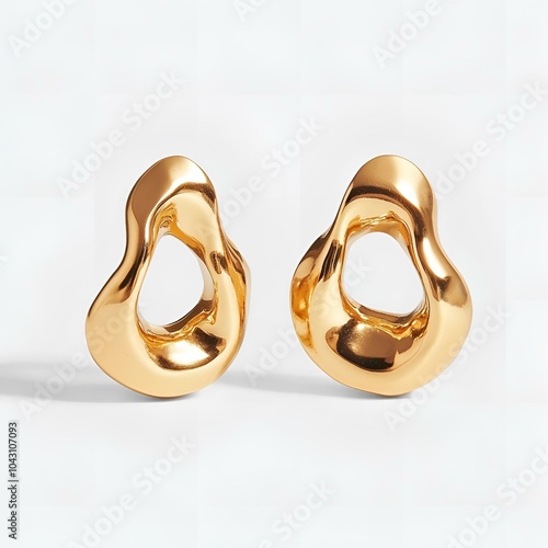  Organic-shaped gold earrings on white background.