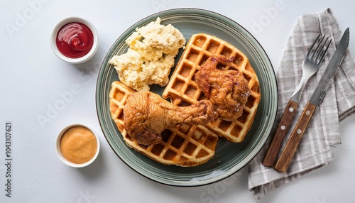 Chicken and Waffles on white background top view