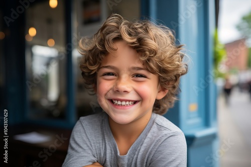 Portrait of a smiling little boy with curly hair in the city