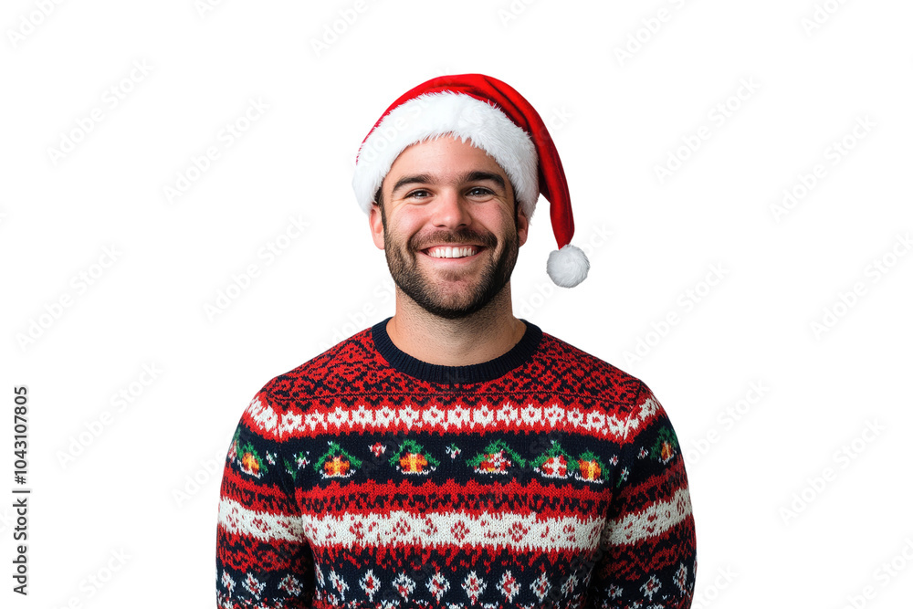 Cheerful Caucasian man wearing Christmas sweater and Santa hat isolated on a transparent background Cheerful Caucasian man wearing Christmas sweater and Santa hat isolated on a transparent background