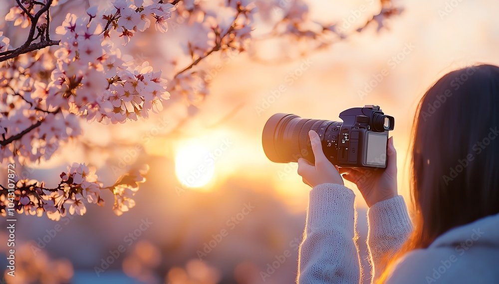 Fototapeta premium A person capturing a stunning sunset behind blooming cherry blossoms with a camera, showcasing nature's beauty.
