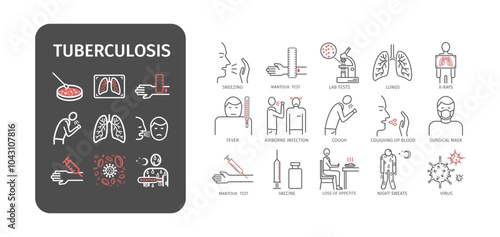 Tuberculosis symptoms, diagnostic and treatment vector line icons. Medical infographics