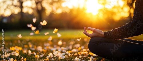 A person meditating in a garden during sunset, surrounded by blooming flowers, creating a serene and peaceful atmosphere. photo