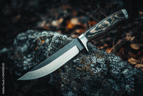 Hunting steel knife handmade against a minimalistic background photo