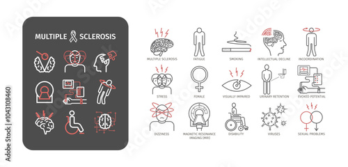 Multiple sclerosis. Symptoms, Causes, Treatment. Line icons set. Vector signs for web graphics.
