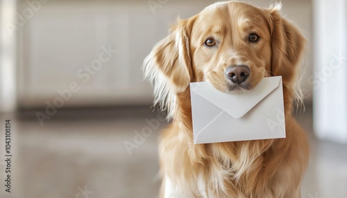 A golden retriever holding an envelope in its mouth, showcasing a friendly demeanor and warm atmosphere. photo