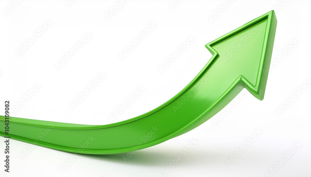 Green glossy arrow pointing upwards isolated on white background. Direction guide. Green glossy arrow pointing upwards isolated on white background. Direction guide.