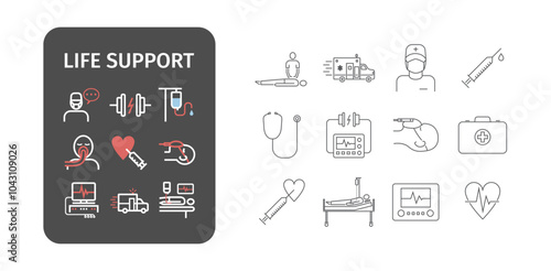 Emergency procedures linear icons set. Reanimation symbols. Intensive care treatment. Cardiac resuscitation. Vector signs