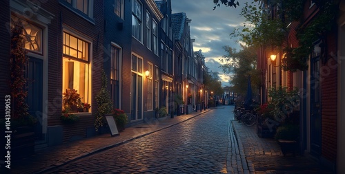 A Dutch street in the city, with old houses and cobblestone streets, night lights, and an evening sky.