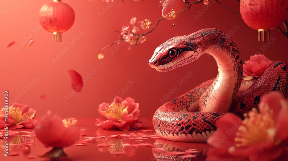 A majestic snake coiled among red flowers with glowing lanterns in the background, evoking a mystical and oriental atmosphere A majestic snake coiled among red flowers with glowing lanterns in the background, evoking a mystical and oriental atmosphere