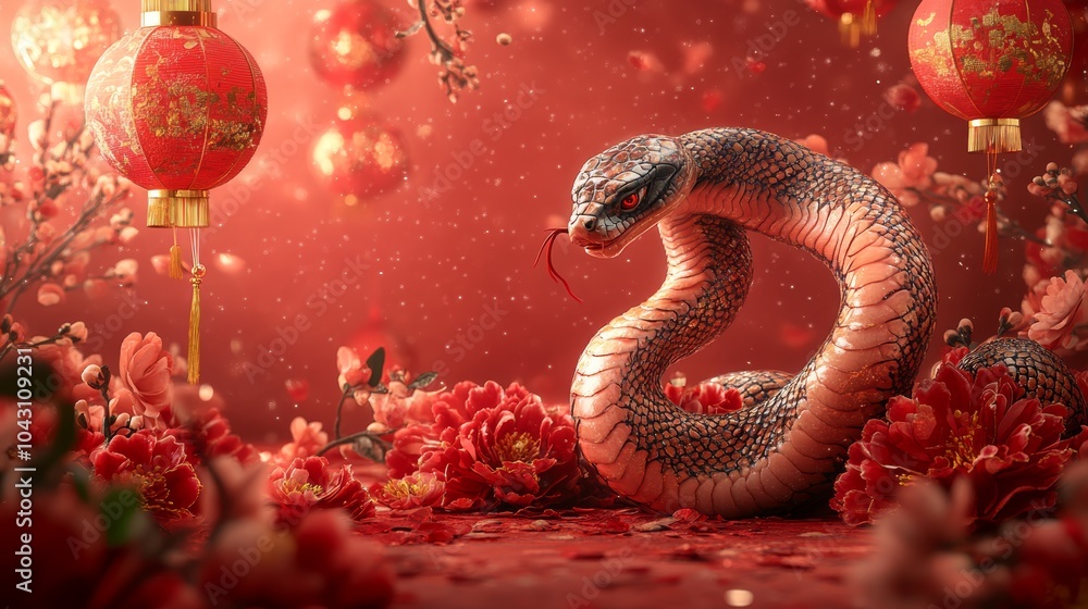 A majestic snake coiled among red flowers with glowing lanterns in the background, evoking a mystical and oriental atmosphere A majestic snake coiled among red flowers with glowing lanterns in the background, evoking a mystical and oriental atmosphere