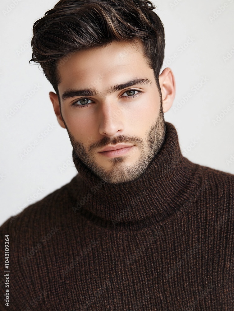 Model man in a fashionable turtleneck sweater on a white background. Model man in a fashionable turtleneck sweater on a white background.