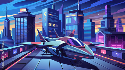 illustration of futuristic jet parked on rooftop of skyscraper at night