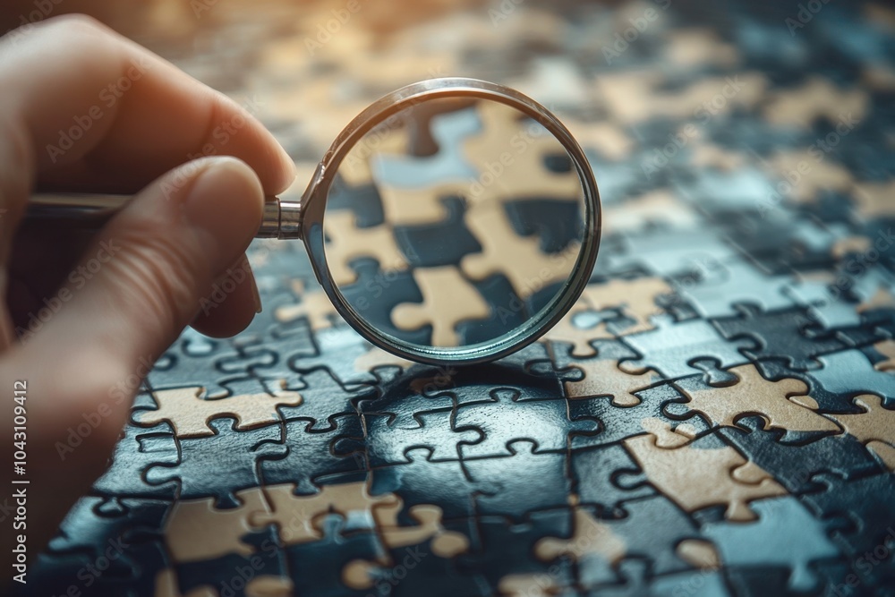 Naklejka premium Examining puzzle pieces with a magnifying glass