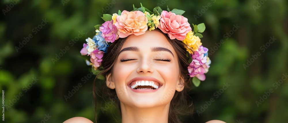 A joyful woman with a floral crown, smiling brightly amidst a green background, radiating happiness and positivity. A joyful woman with a floral crown, smiling brightly amidst a green background, radiating happiness and positivity.
