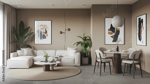 Modern living room with minimalist decor, featuring a white sofa, dining table, and stylish artwork on neutral walls.
