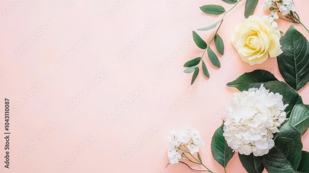 Obraz premium A soft pastel background featuring assorted flowers and greenery for decorative purposes.