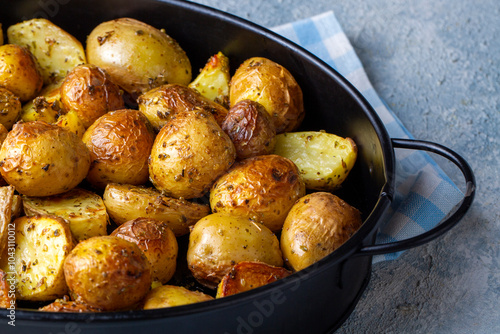 Obraz na płótnie Roasted baked baby potatoes with garlic and herbs. w salonie