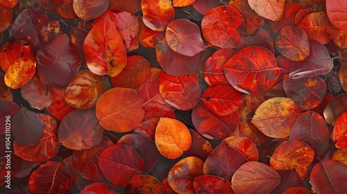 Vibrant autumn leaves in various shades of red and orange overlapping each other against a dark backdrop