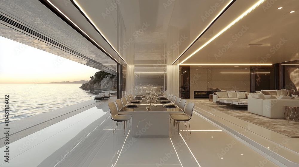 Obraz premium Modern Dining Room with Ocean View on a Luxury Yacht