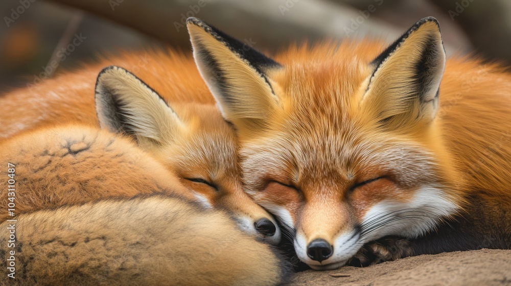 Two foxes cuddling peacefully, showcasing their fur and serene expressions. Two foxes cuddling peacefully, showcasing their fur and serene expressions.
