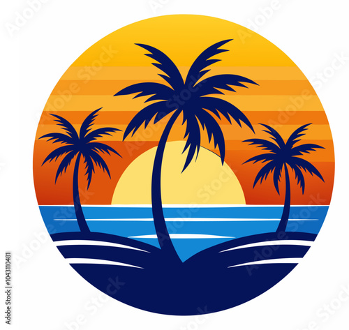 Vintage retro sunset with coconut tree with flying bird vector, Tropical palm tree sunset vector, and Hawaii beach palm tree vector.