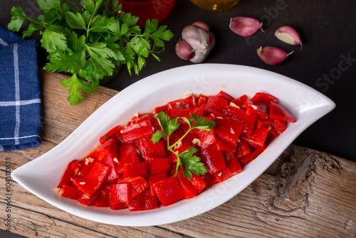 Roasted Pepper Salad Appetizer, Turkish appetizer, (Turkish name; sirkeli koz kirmizi biber mezesi) photo