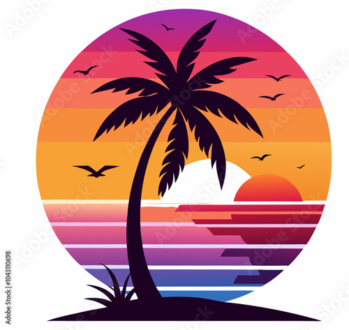 Vintage retro sunset with coconut tree with flying bird vector, Tropical palm tree sunset vector, and Hawaii beach palm tree vector.